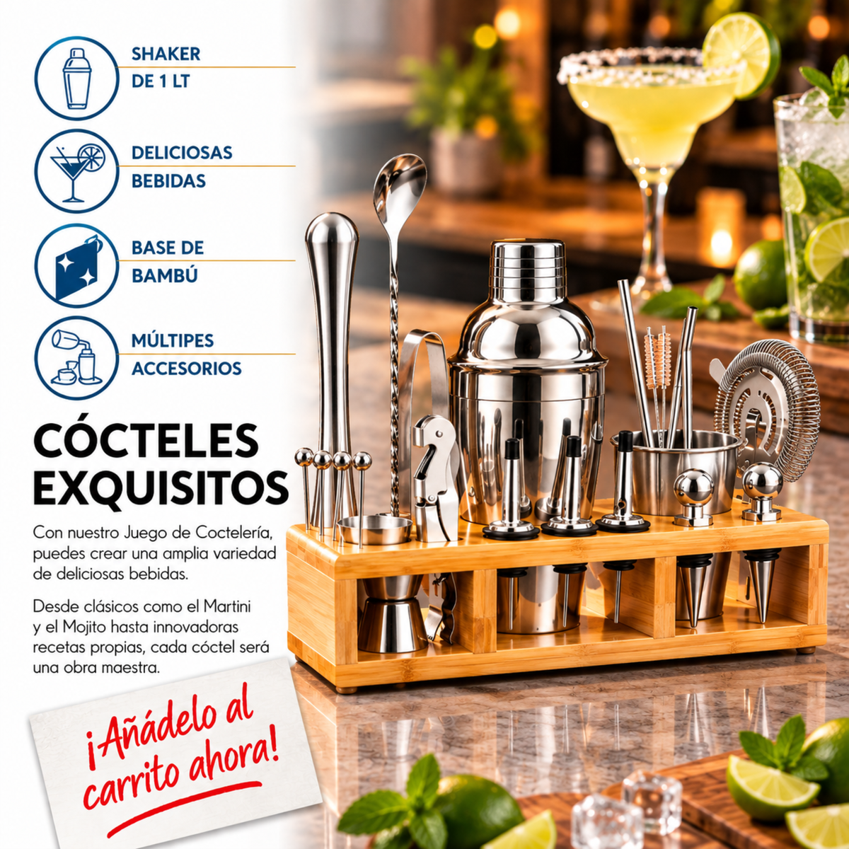 Juego De Coctelera Shaker Bartender Mixologia Set 24 Piezas
