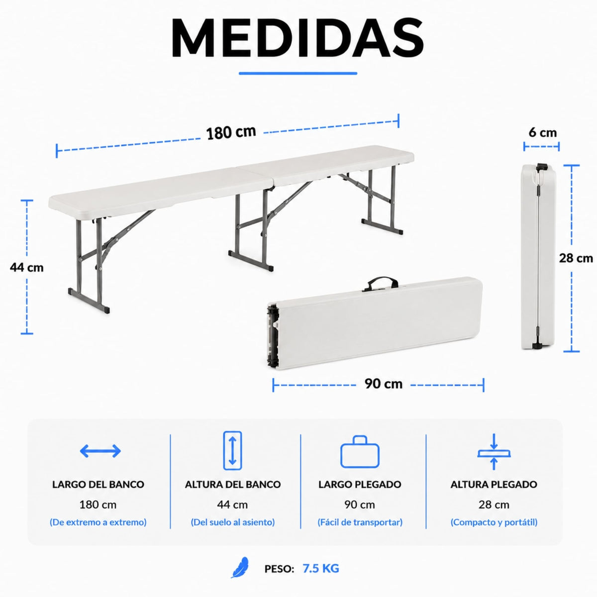 BANCA PLEGABLE DE PLASTICO ECOMLAB PORTAFOLIO 180CM HP-180CD