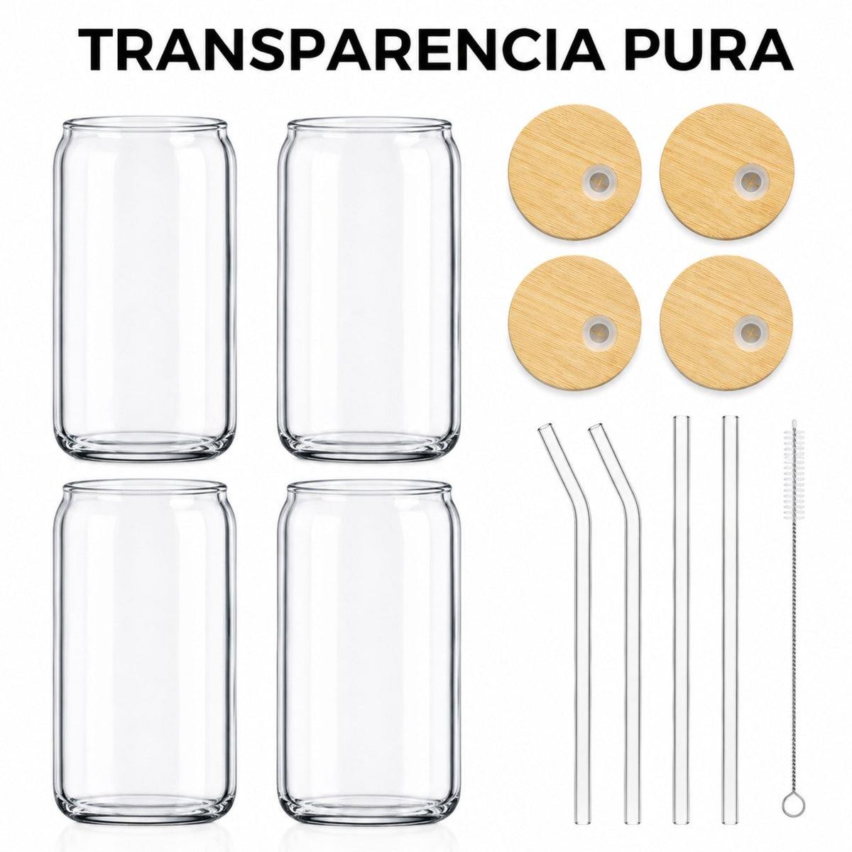 Vasos De Vidrio Con Popote Ecomlab Tapa Bambú Juego de 4 Pcs
