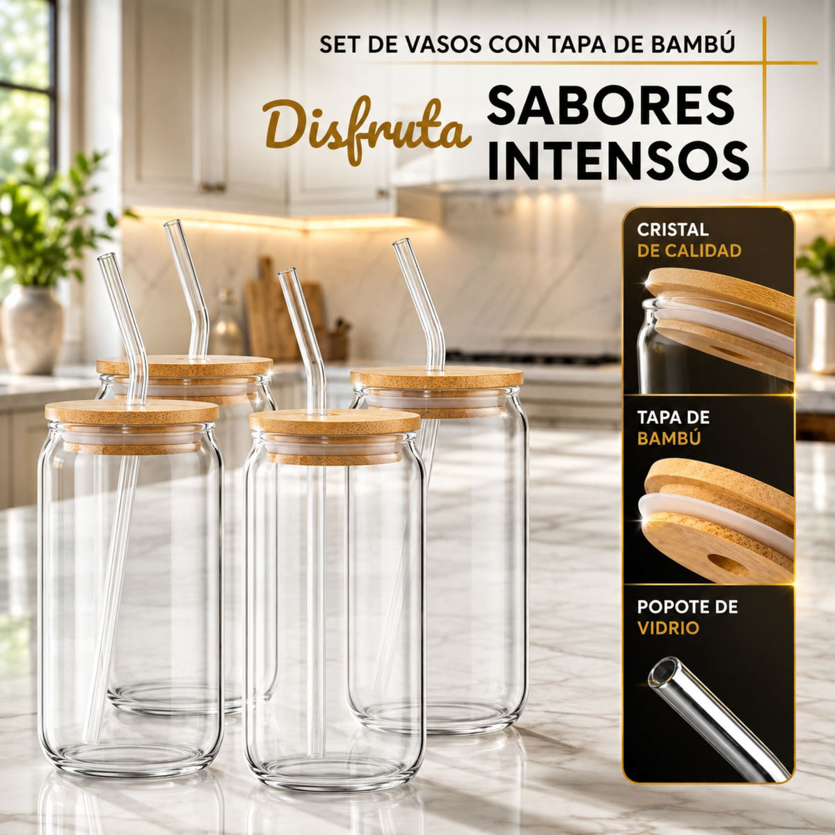 Vasos De Vidrio Con Popote Ecomlab Tapa Bambú Juego de 4 Pcs