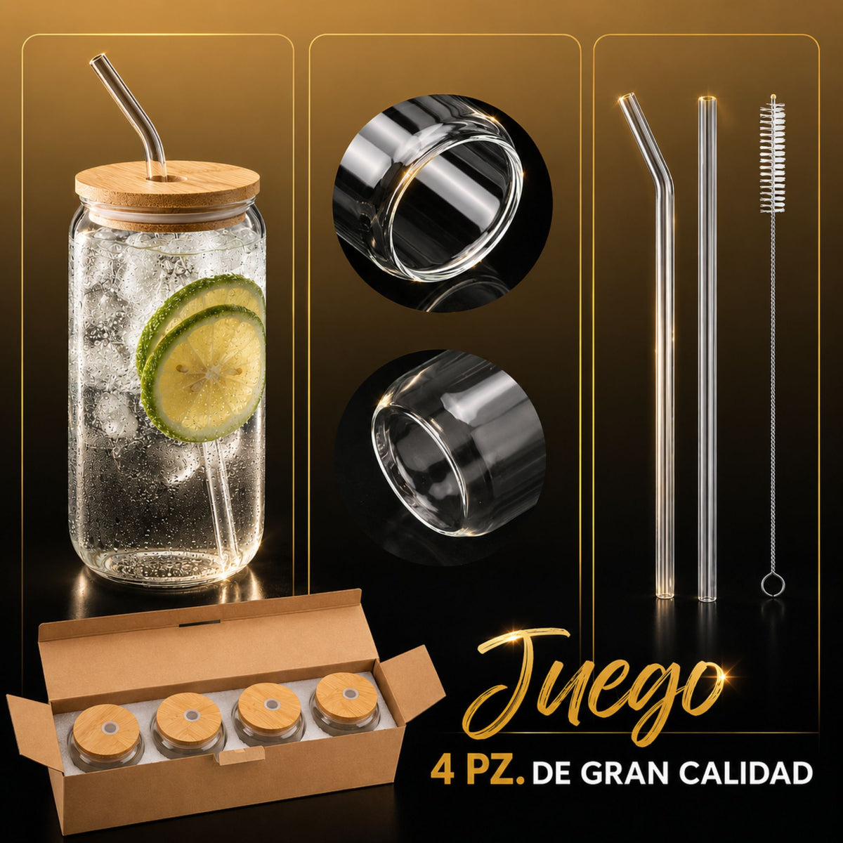 Vasos De Vidrio Con Popote Ecomlab Tapa Bambú Juego de 4 Pcs