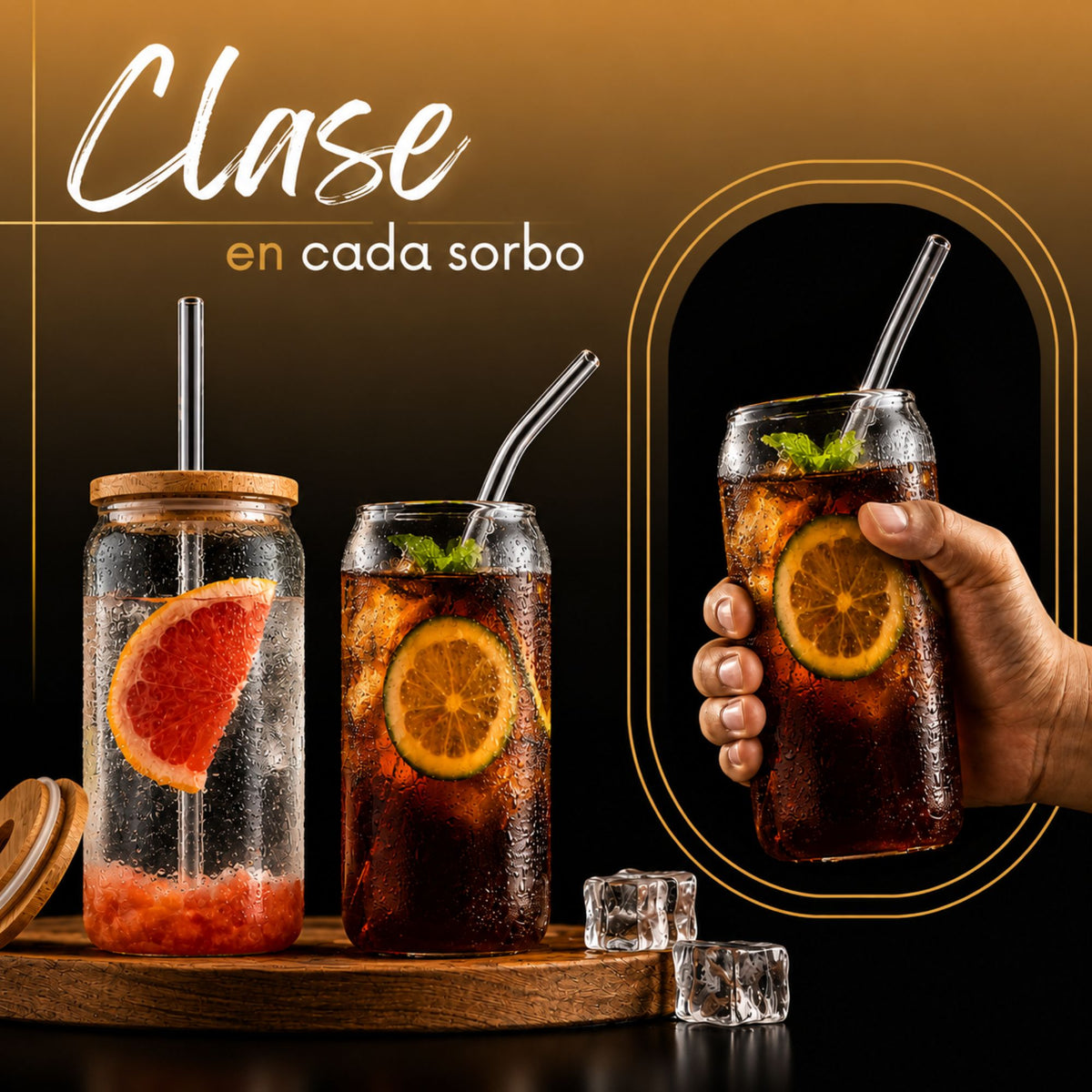Vasos De Vidrio Con Popote Ecomlab Tapa Bambú Juego de 4 Pcs