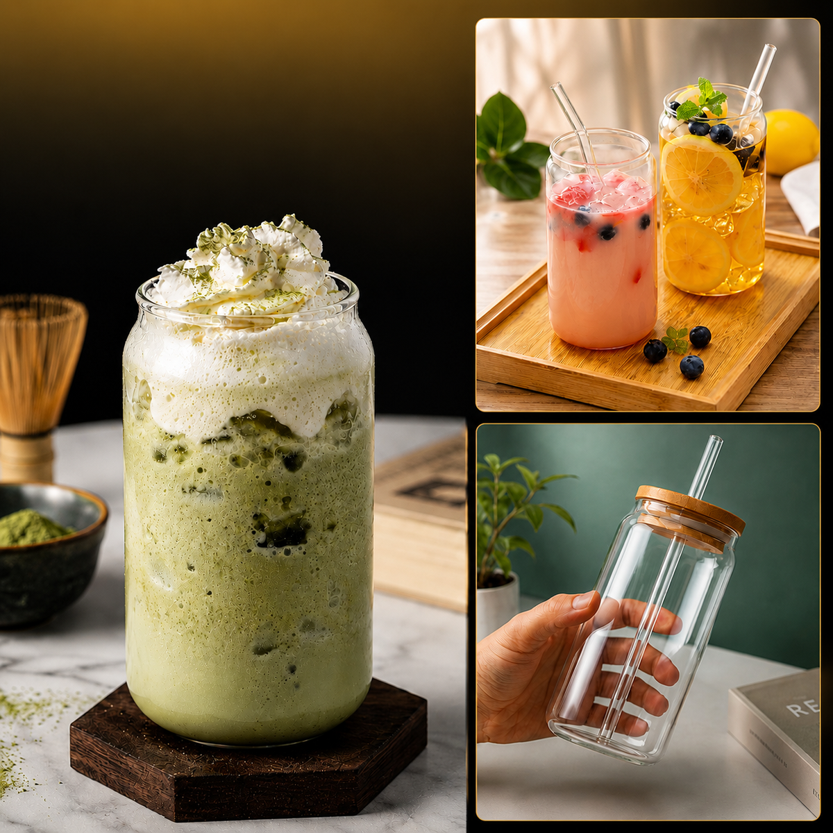 Vasos De Vidrio Con Popote Ecomlab Tapa Bambú Juego de 4 Pcs