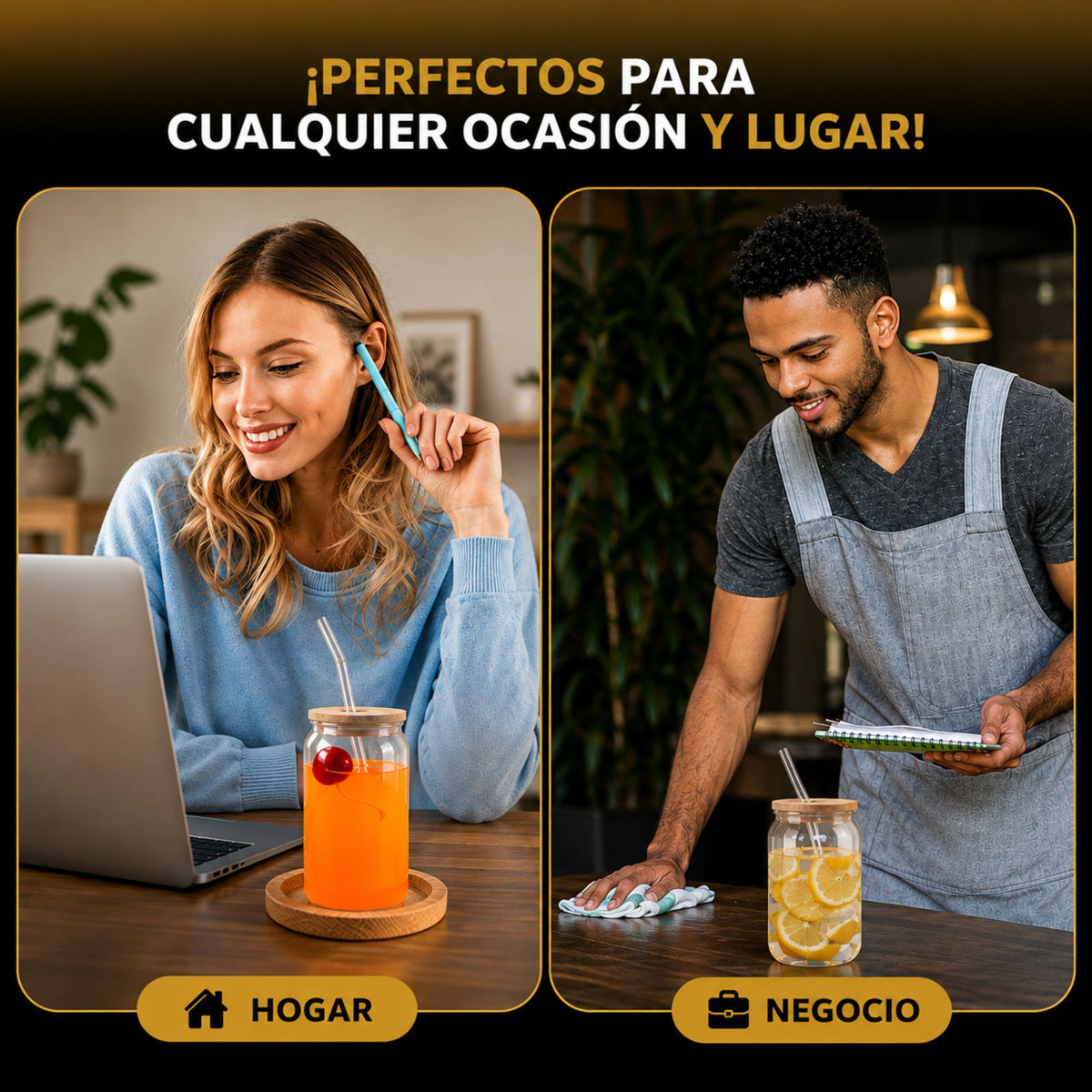 Vasos De Vidrio Con Popote Ecomlab Tapa Bambú Juego de 4 Pcs