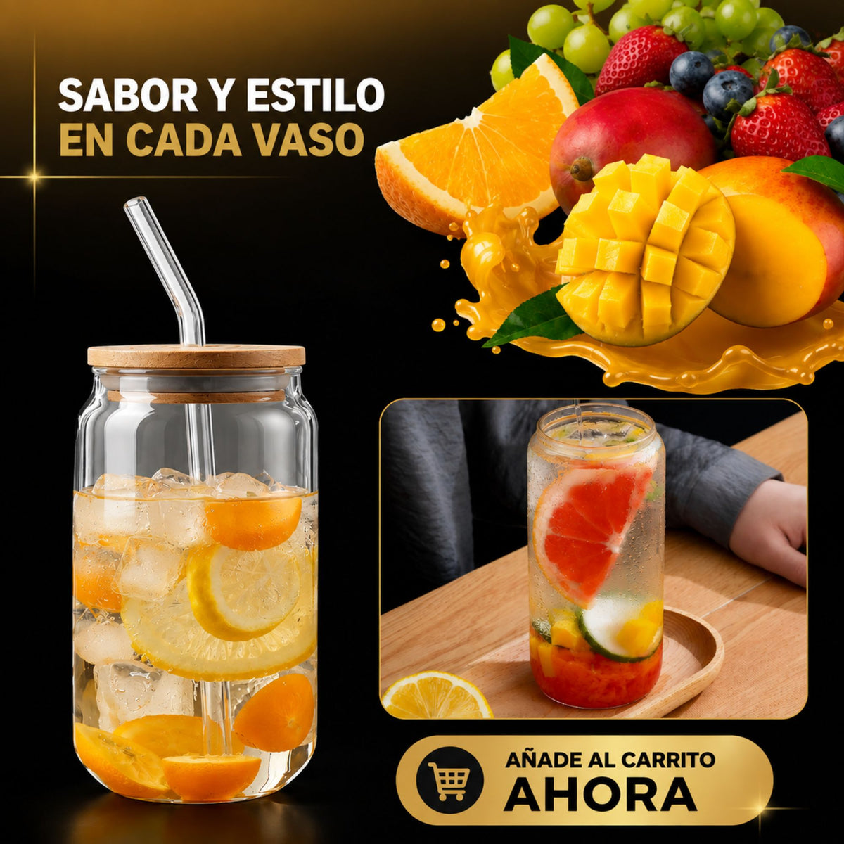 Vasos De Vidrio Con Popote Ecomlab Tapa Bambú Juego de 4 Pcs