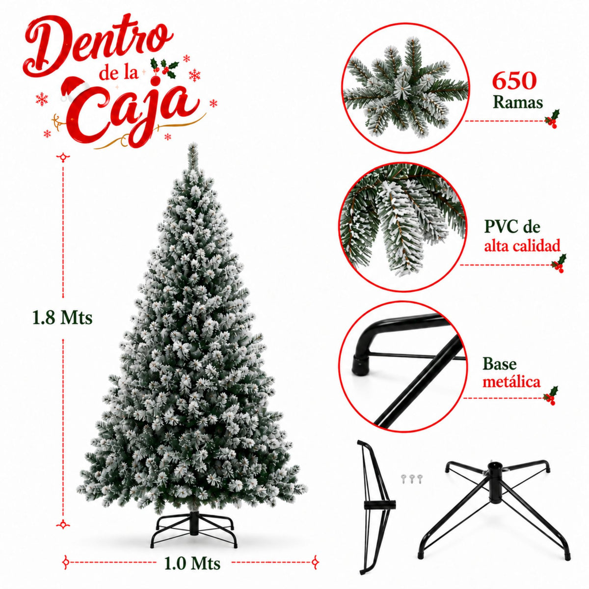 Árbol De Navidad Pino Nevado de 1.80 Mts. GRATIS PIE DE ÁRBOL NAVIDEÑO, CUBIERTA PARA BASE DE ÁRBOL DE 90 CM.
