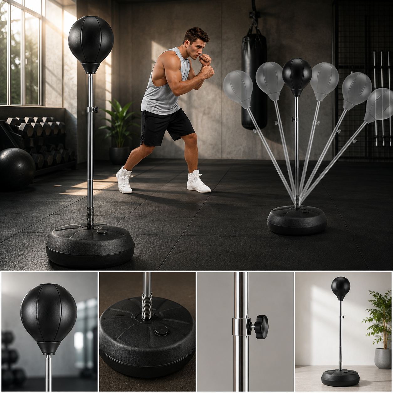 Pera De Boxeo Profesional Con Base, Altura Regulable Sistema de Rebote con Resorte