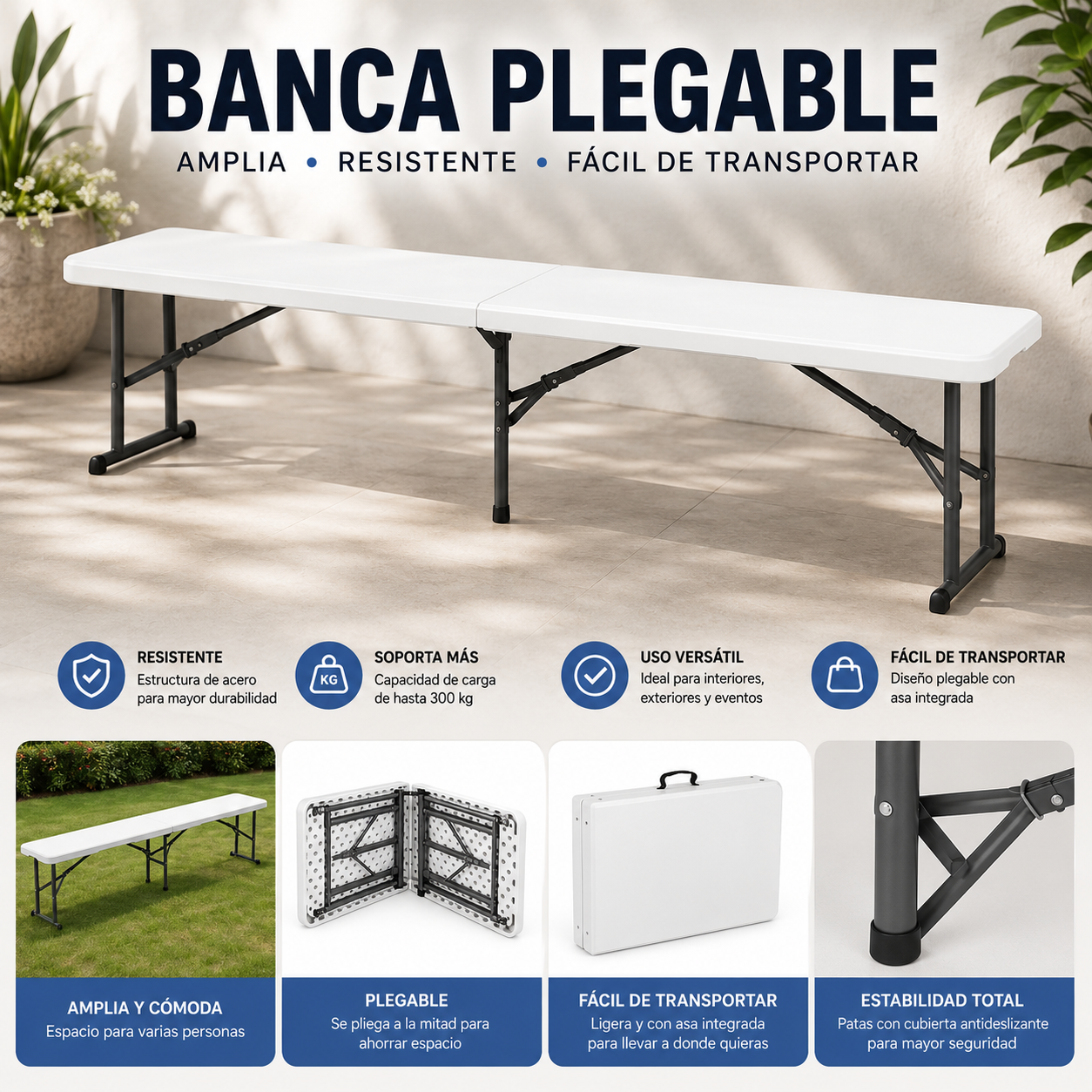 BANCA PLEGABLE DE PLASTICO ECOMLAB PORTAFOLIO 180CM HP-180CD
