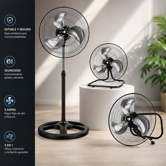 Ventilador 3 en 1 Metálico Multifuncional Pedestal, Piso o Muro 18 Pulgadas Paquete 1 Pieza Ecomlab