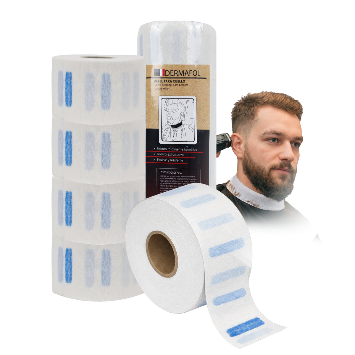 PAPEL CUELLO BARBERIA DERMAFOL USO PROFESIONAL BLANCO PAQUETE 5 ROLLOS