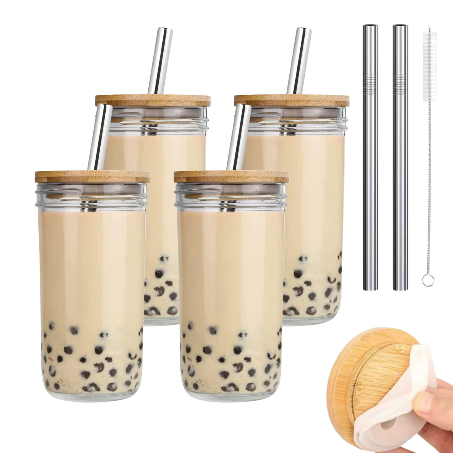 Vasos De Vidrio Con Popote Ecomlab Tapa Bambú Juego de 4 Pcs