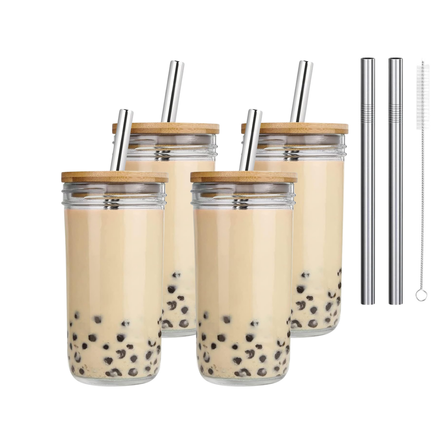 Vasos De Vidrio Con Popote Ecomlab Tapa Bambú Juego de 4 Pcs