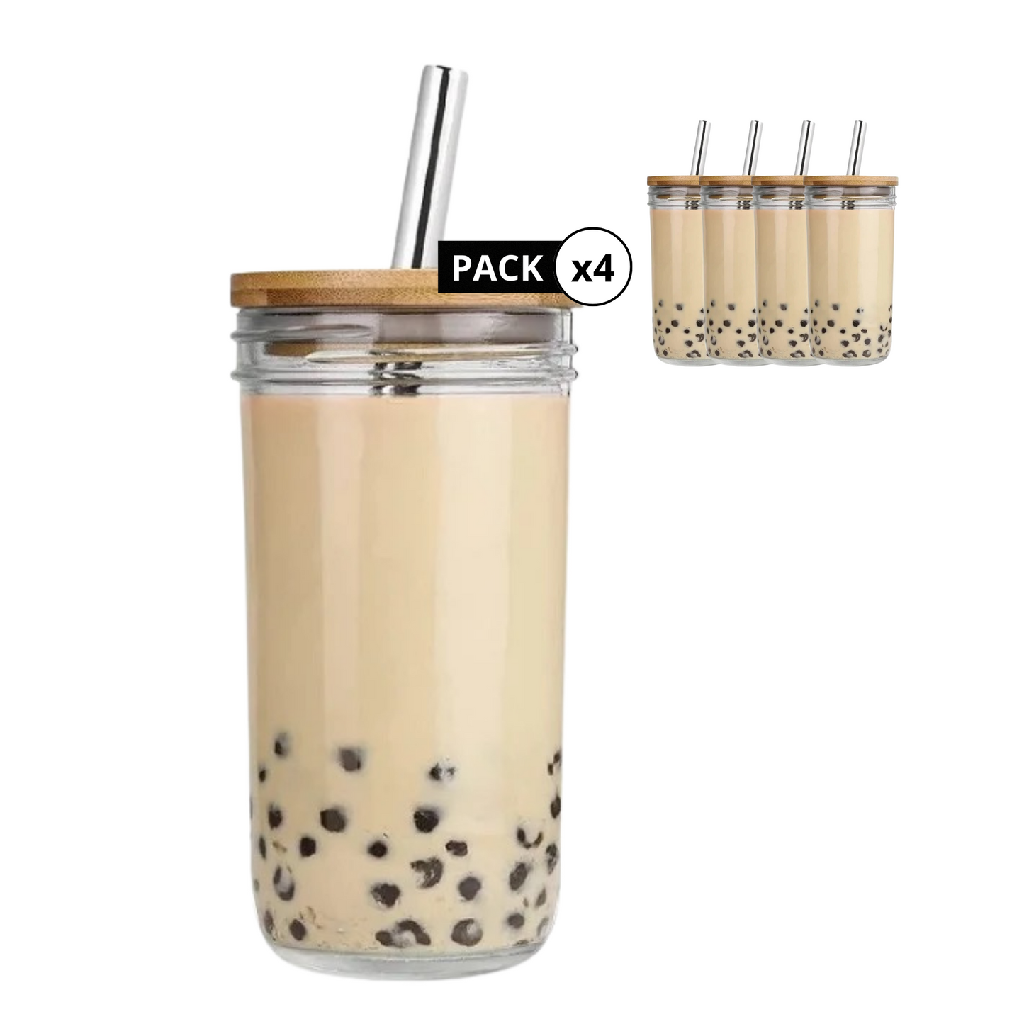 Vasos De Vidrio Con Popote Ecomlab Tapa Bambú Juego de 4 Pcs