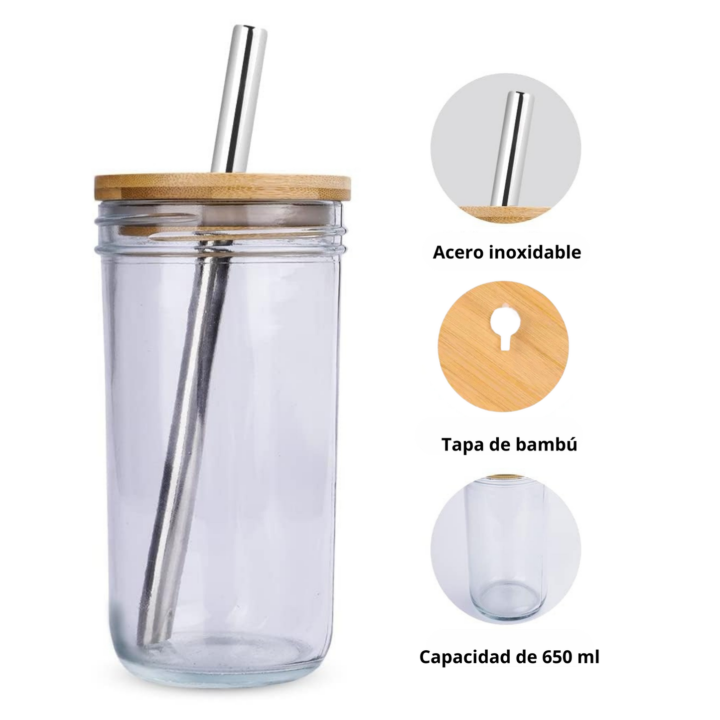 Vasos De Vidrio Con Popote Ecomlab Tapa Bambú Juego de 4 Pcs