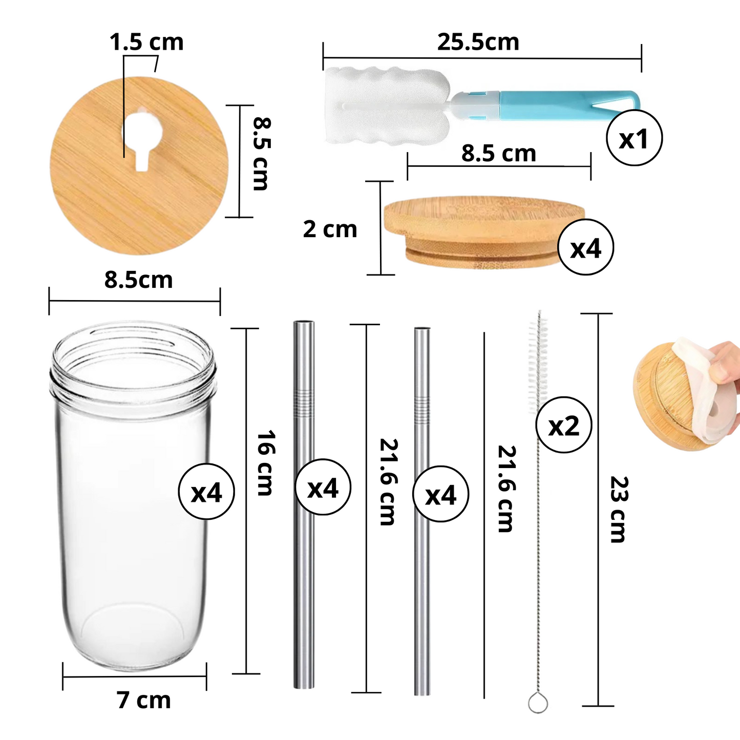 Vasos De Vidrio Con Popote Ecomlab Tapa Bambú Juego de 4 Pcs