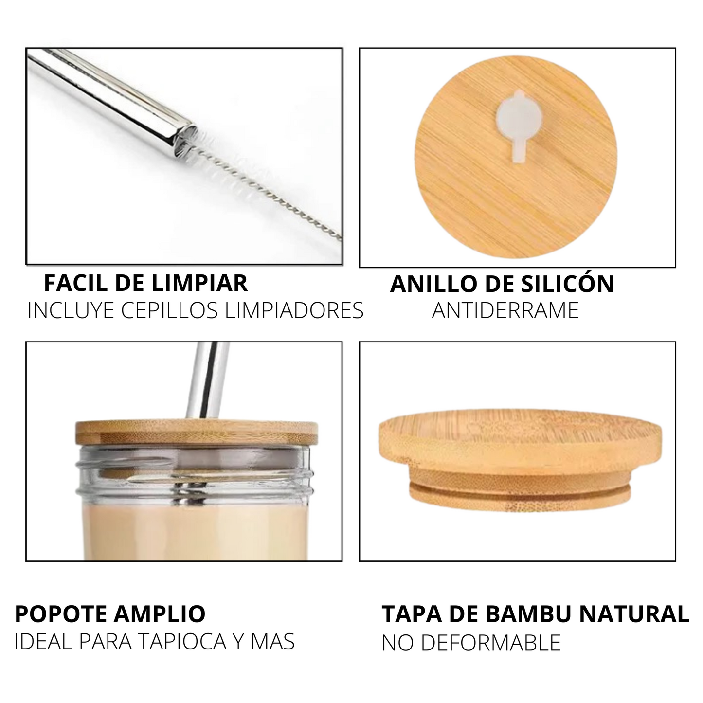 Vasos De Vidrio Con Popote Ecomlab Tapa Bambú Juego de 4 Pcs
