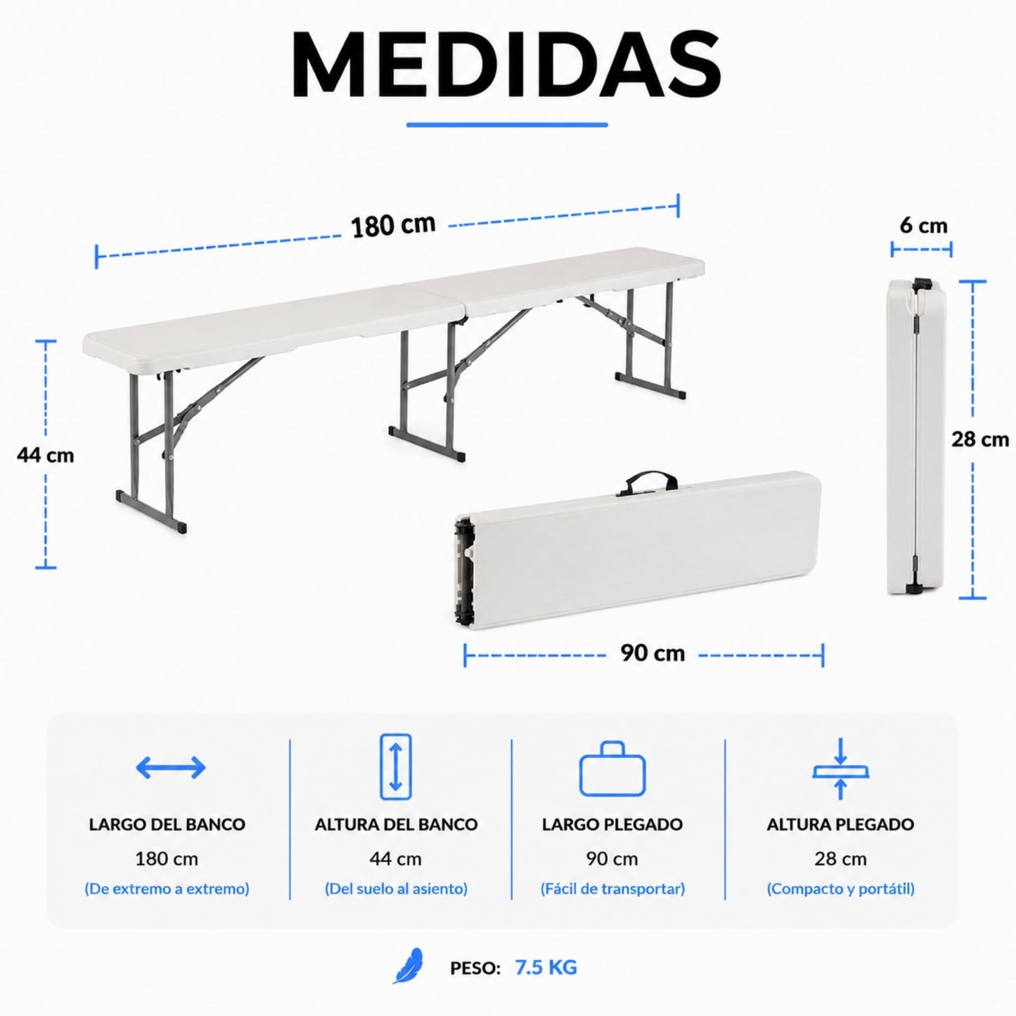 BANCA PLEGABLE DE PLASTICO ECOMLAB PORTAFOLIO 180CM HP-180CD