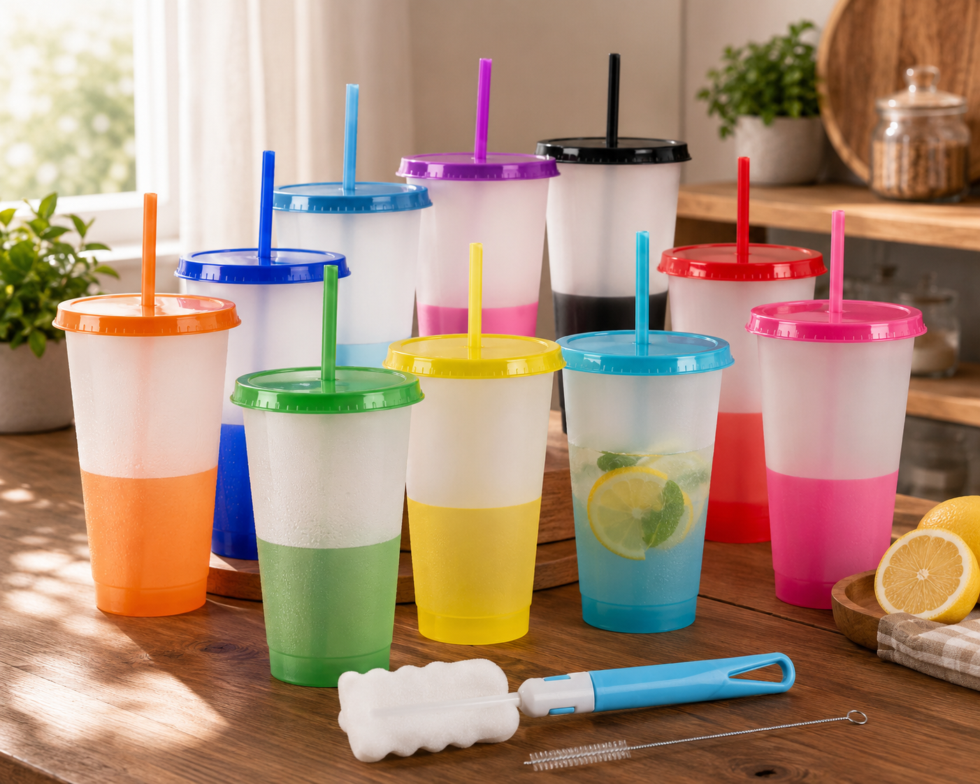 Vasos Mágicos Con Tapa y Popote Cambian de Color Ecomlab Pack 10 Pcs