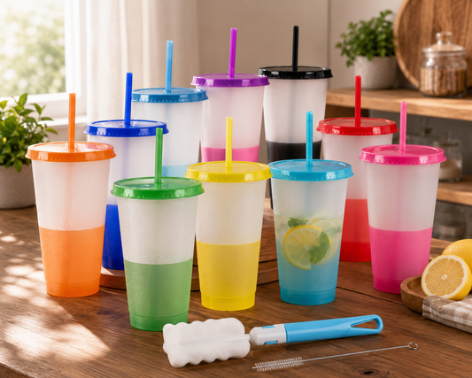 Vasos Mágicos Con Tapa y Popote Cambian de Color Ecomlab Pack 10 Pcs
