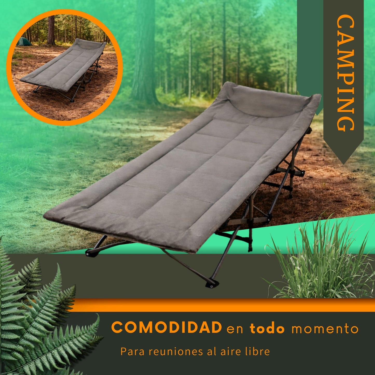 Catre Plegable para Acampar 190 cm con Bolsa Transportadora
