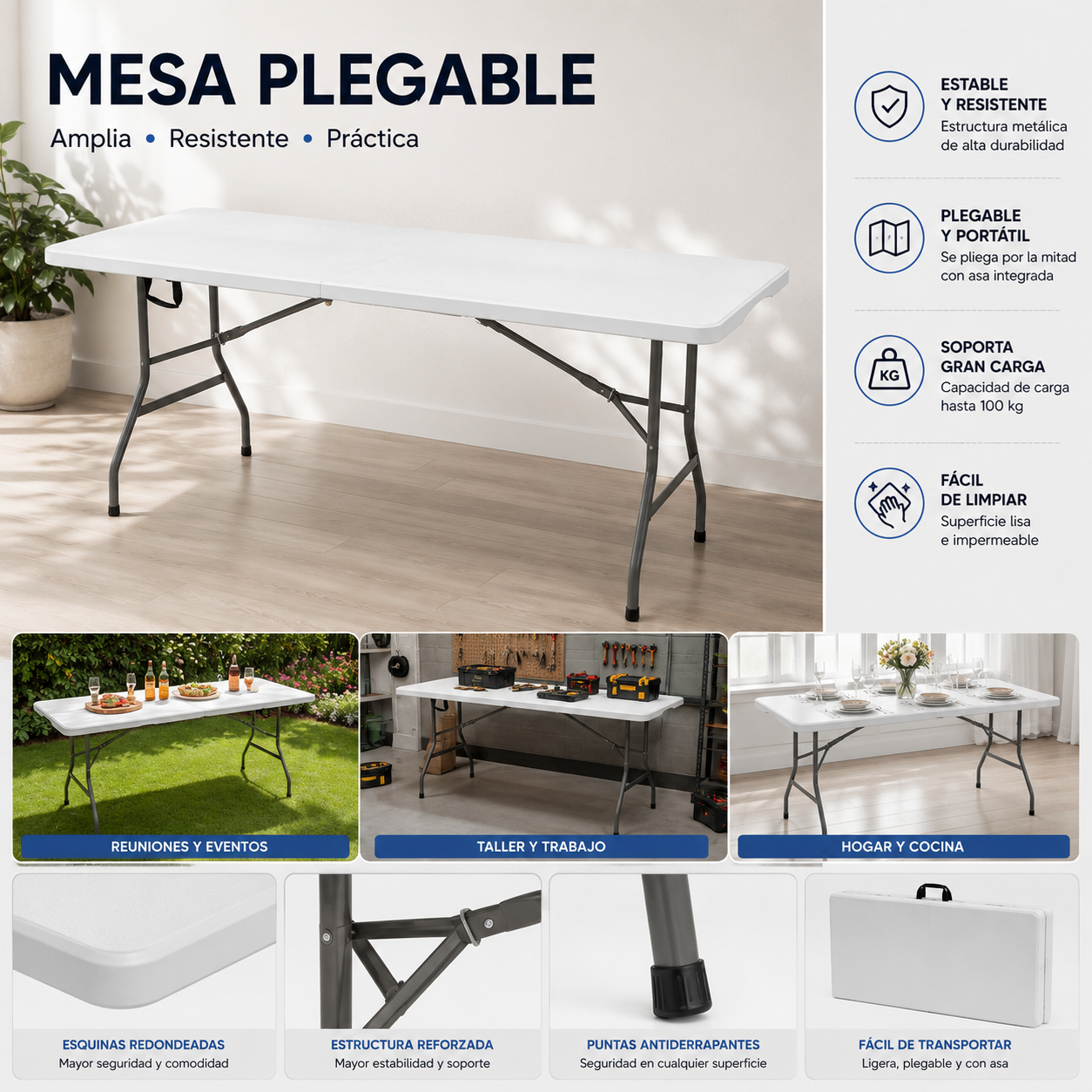 MESA PLEGABLE 180 CM DE PLASTICO ECOMLAB PORTAFOLIO HP-180CZ