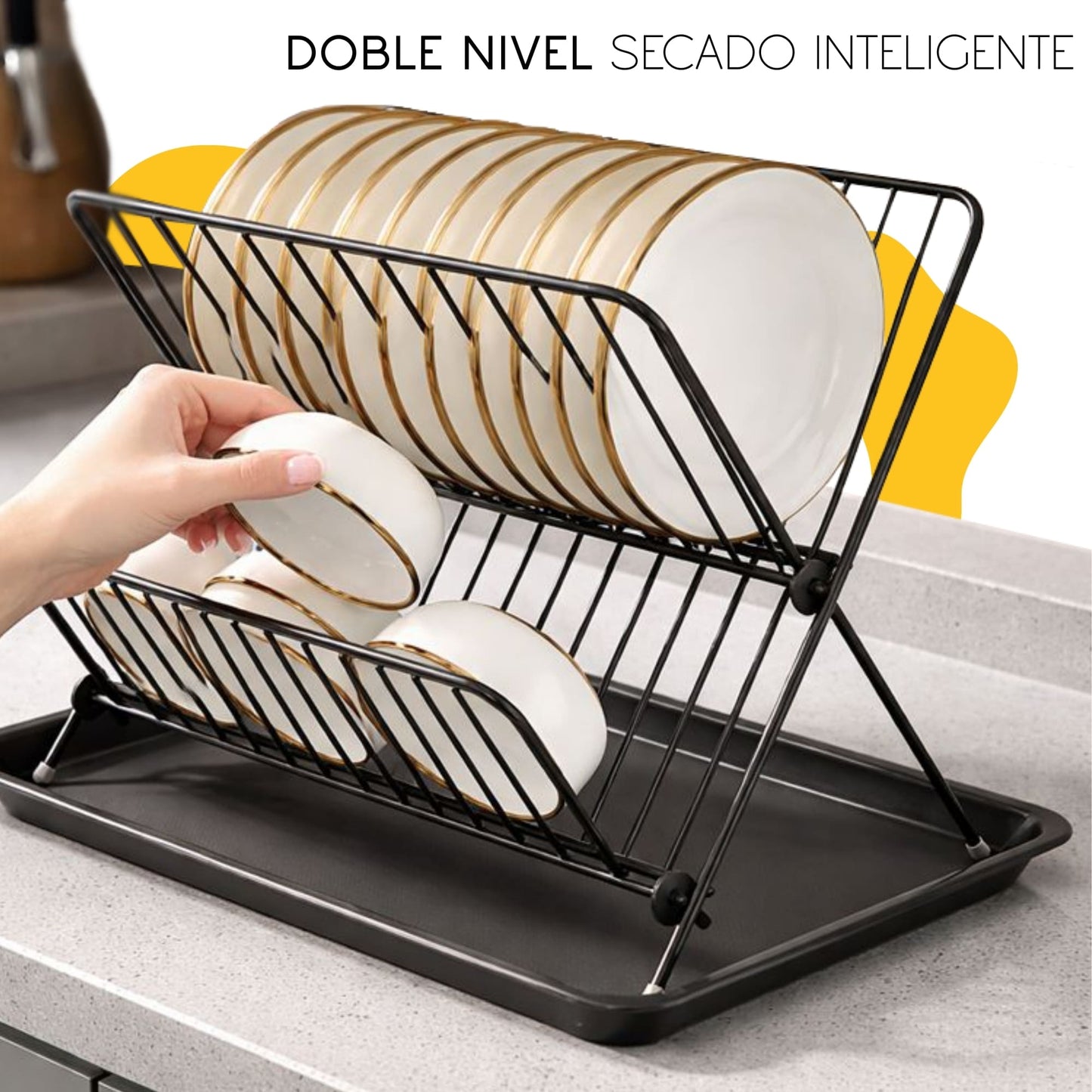 Escurridor de platos y vasos con organizador 2 niveles