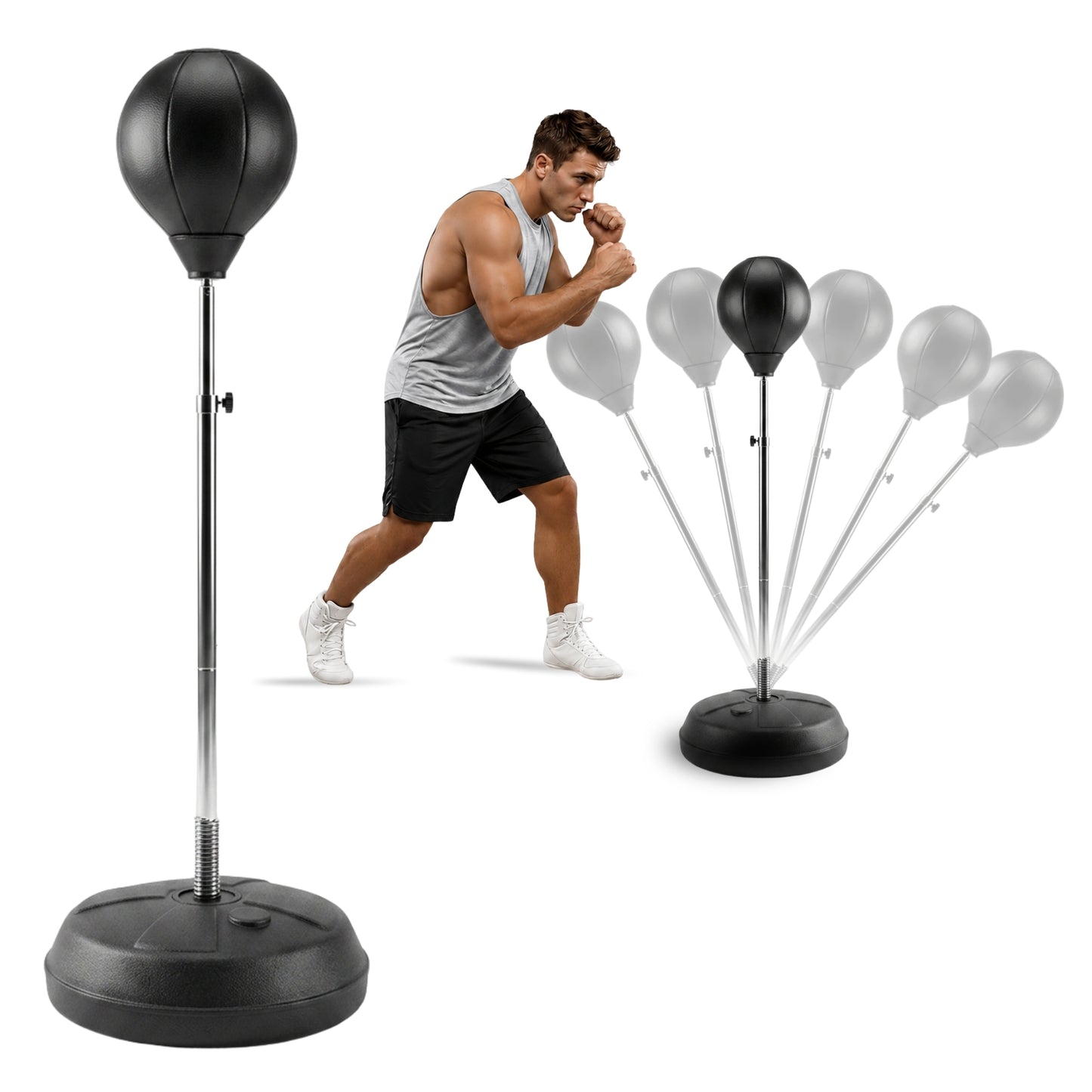 Pera De Boxeo Profesional Con Base, Sistema de Rebote con Resorte, Altura Regulable.