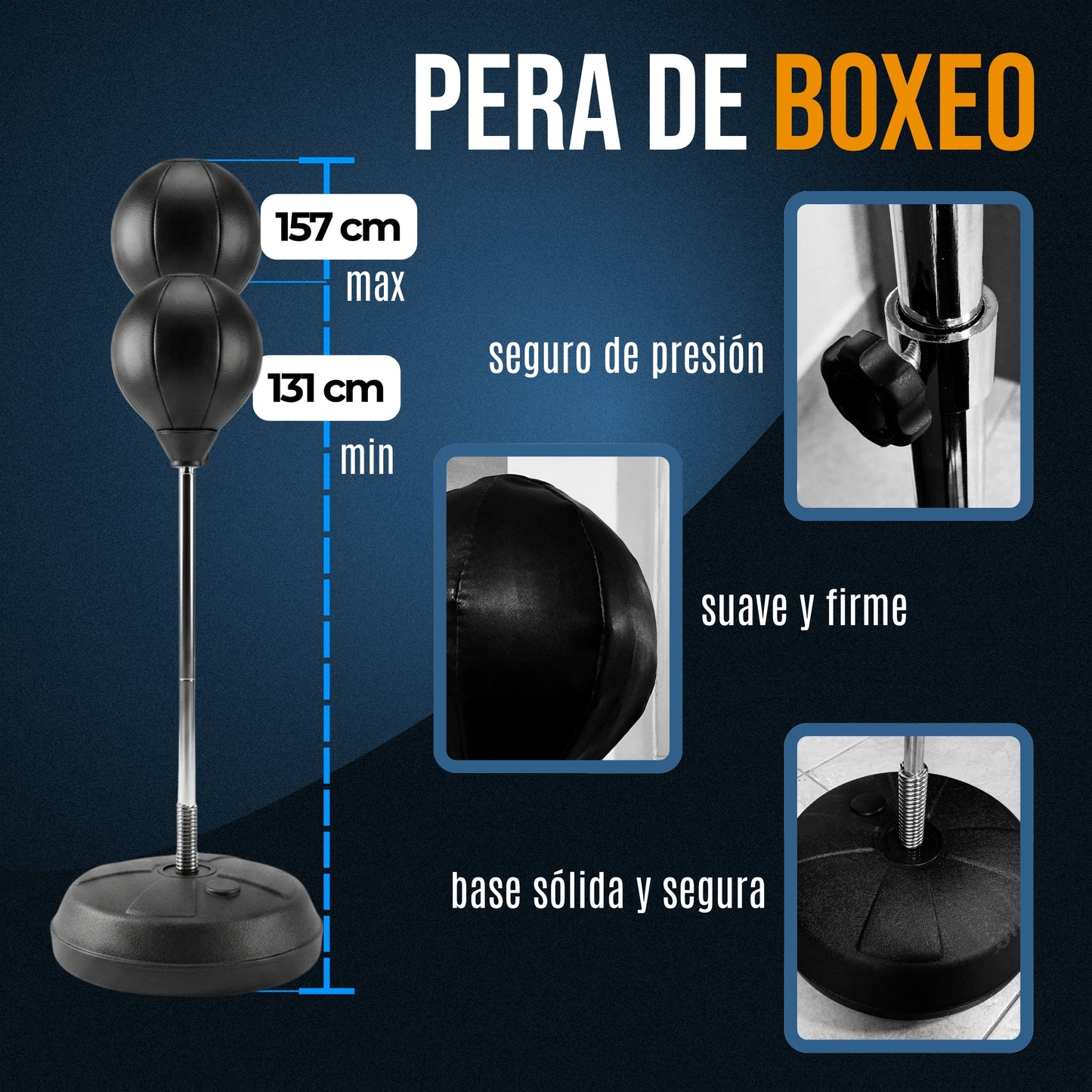 Pera De Boxeo Profesional Con Base, Sistema de Rebote con Resorte, Altura Regulable.