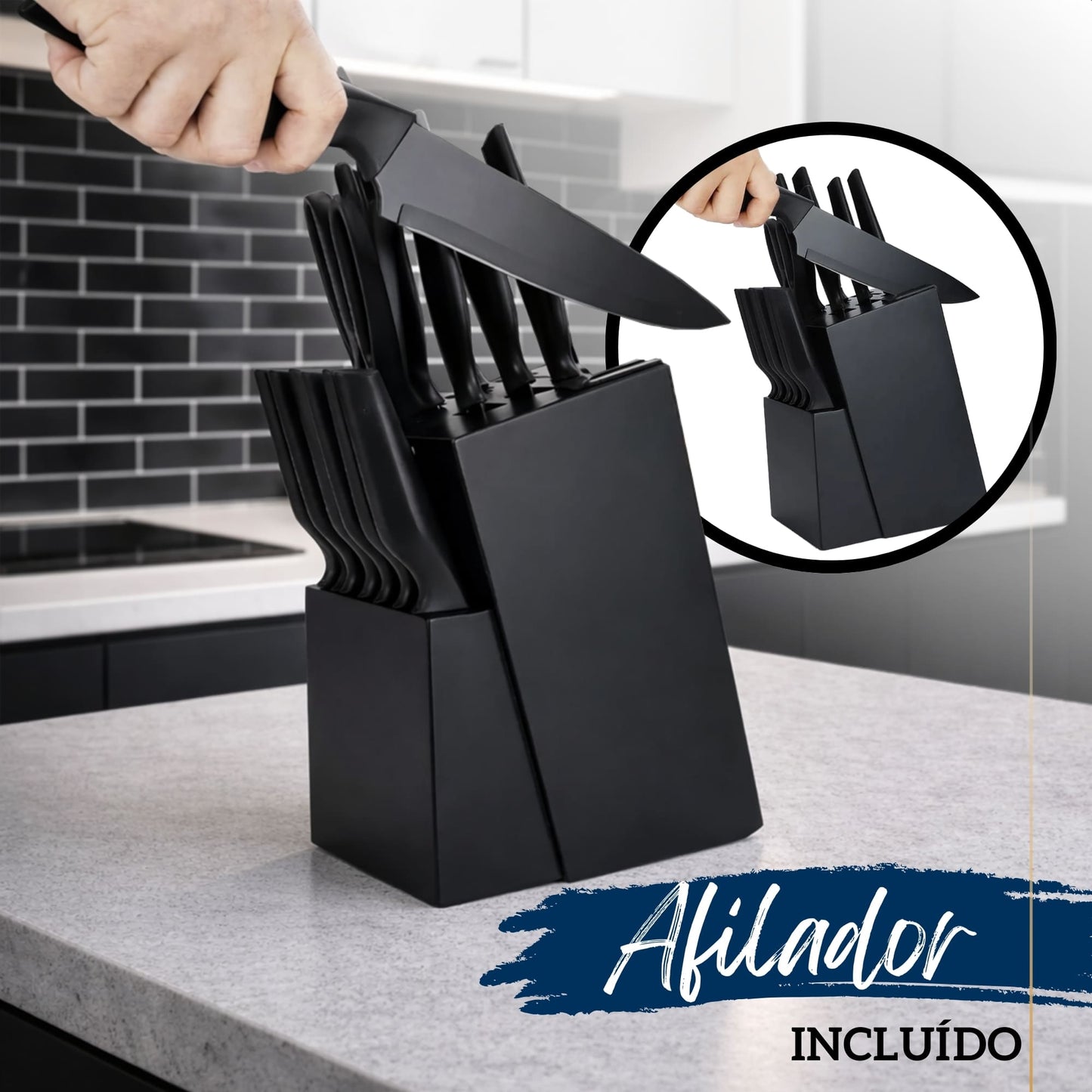Set de Cuchillos de Cocina Ecomlab Base Madera con Afilador