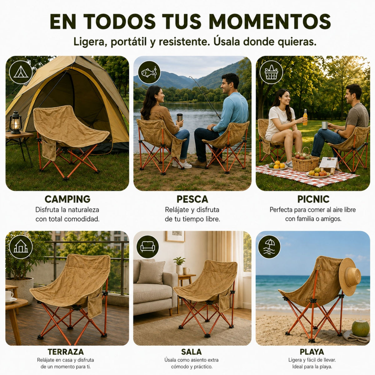 Silla Camping Plegable Ecomlab Portatil Para Exterior e Interior Ideal Playa, Picnic Extra-Cómoda GRATIS Bolsa Transportadora