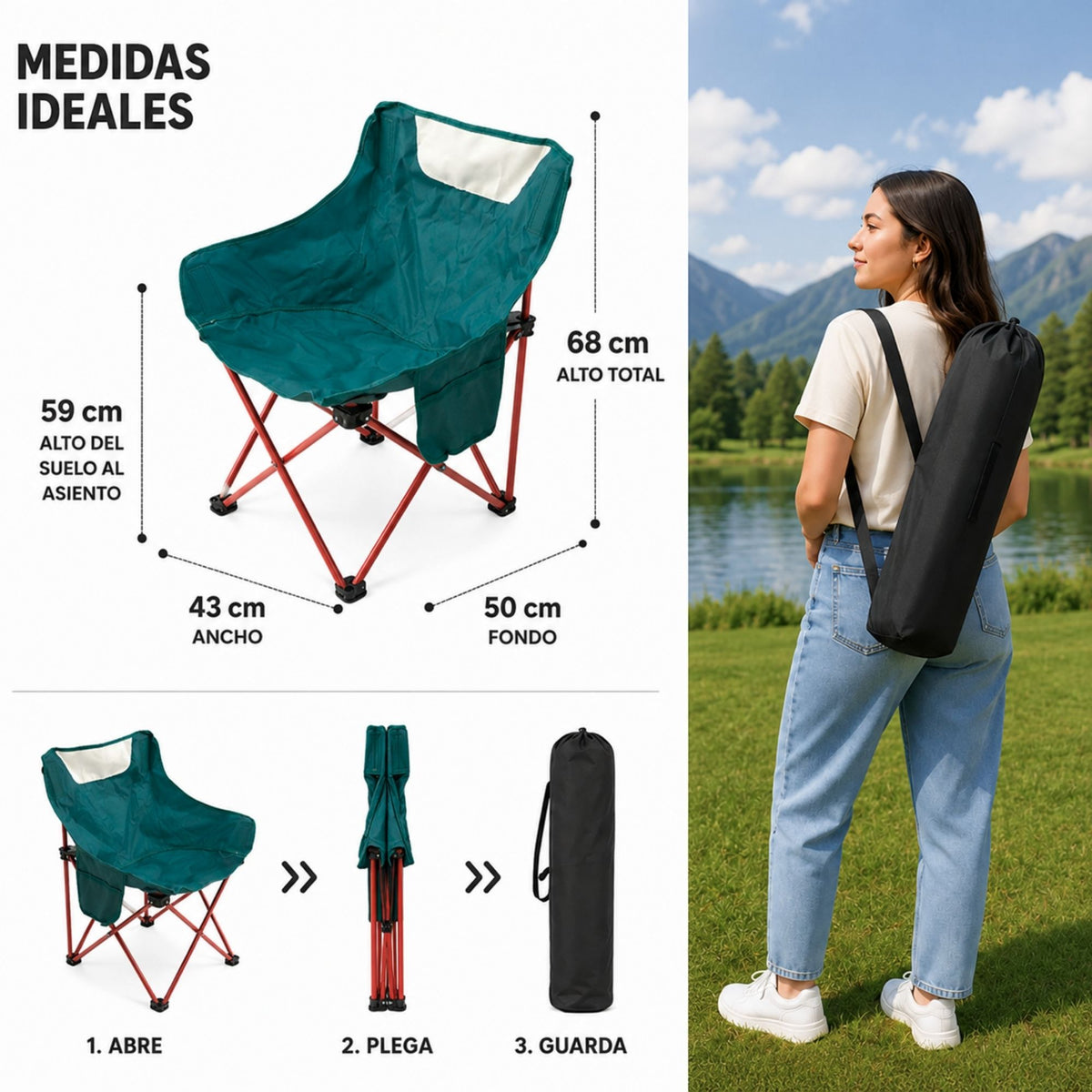 Silla Camping Plegable Ecomlab Portatil Para Exterior e Interior Ideal Playa, Picnic Extra-Cómoda GRATIS Bolsa Transportadora