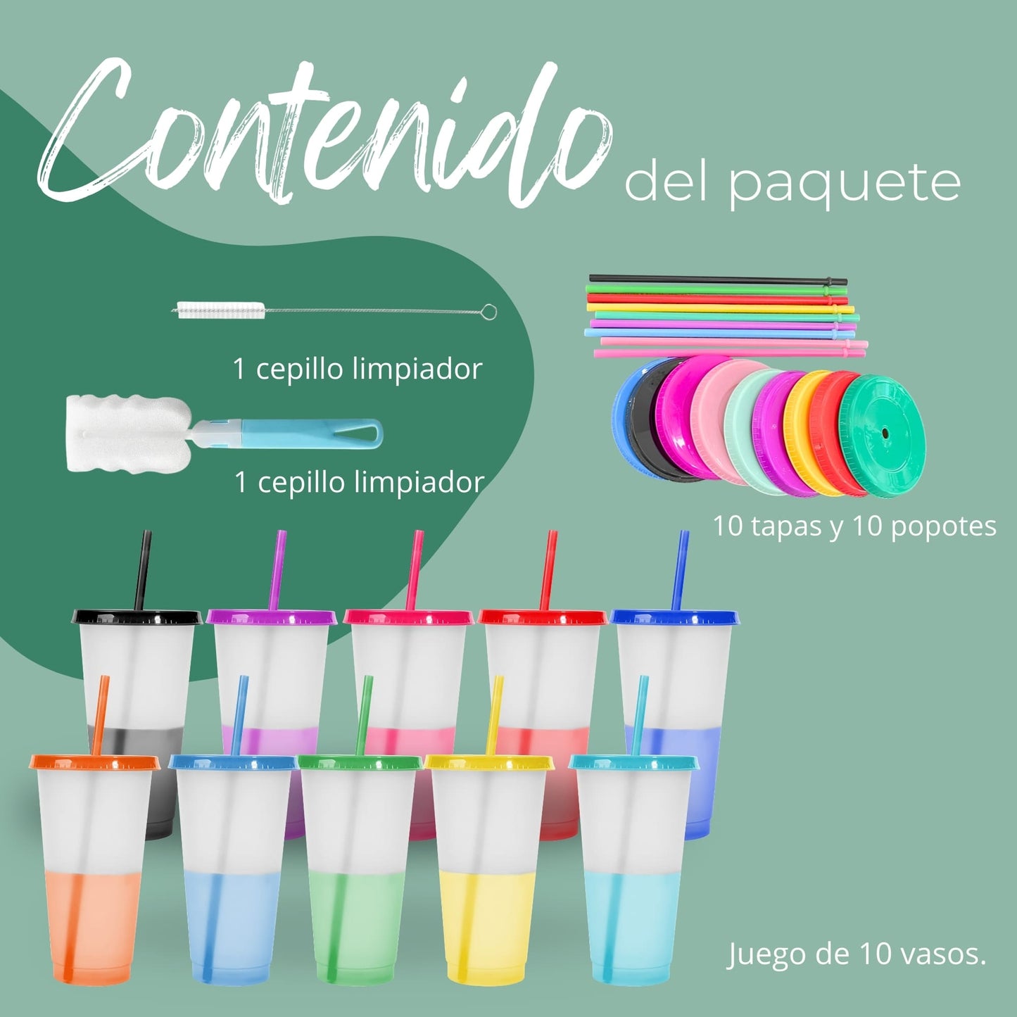 Vasos Magicos Con Tapa y Popote Cambian de Color 20 piezas